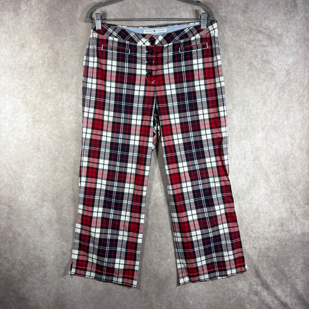 Tommy Hilfiger Pants Womens 8 Red Plaid Button Fly Straight Leg‎ Cotton Academia